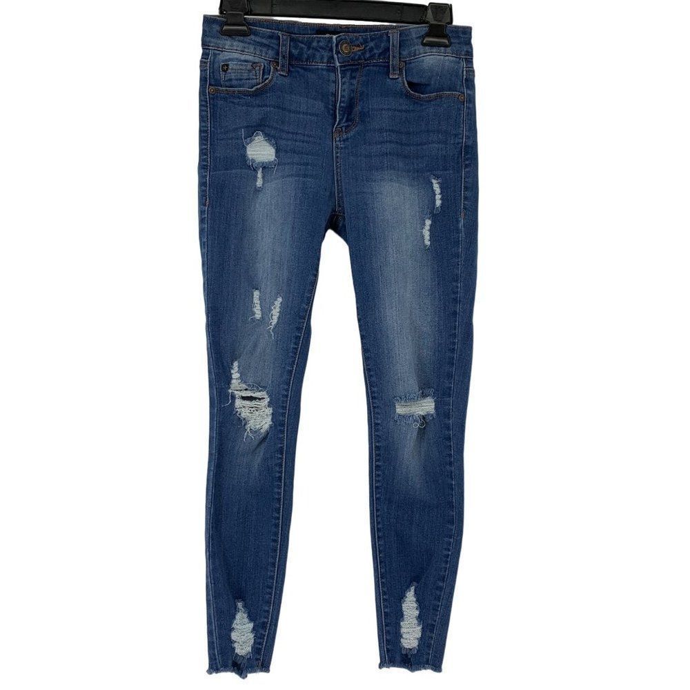Womens Enjean Raw Crop Distress Jeans Size 3 Jr Stretch Dark Wash Skinny 3182